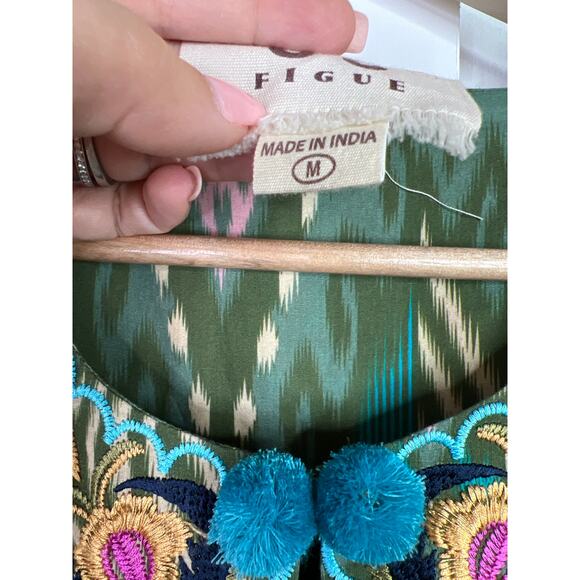 NEW Figue Josie Embroidered Short Bohemian Pom Pom Long Sleeve Green Mini Dress - Picture 6 of 10